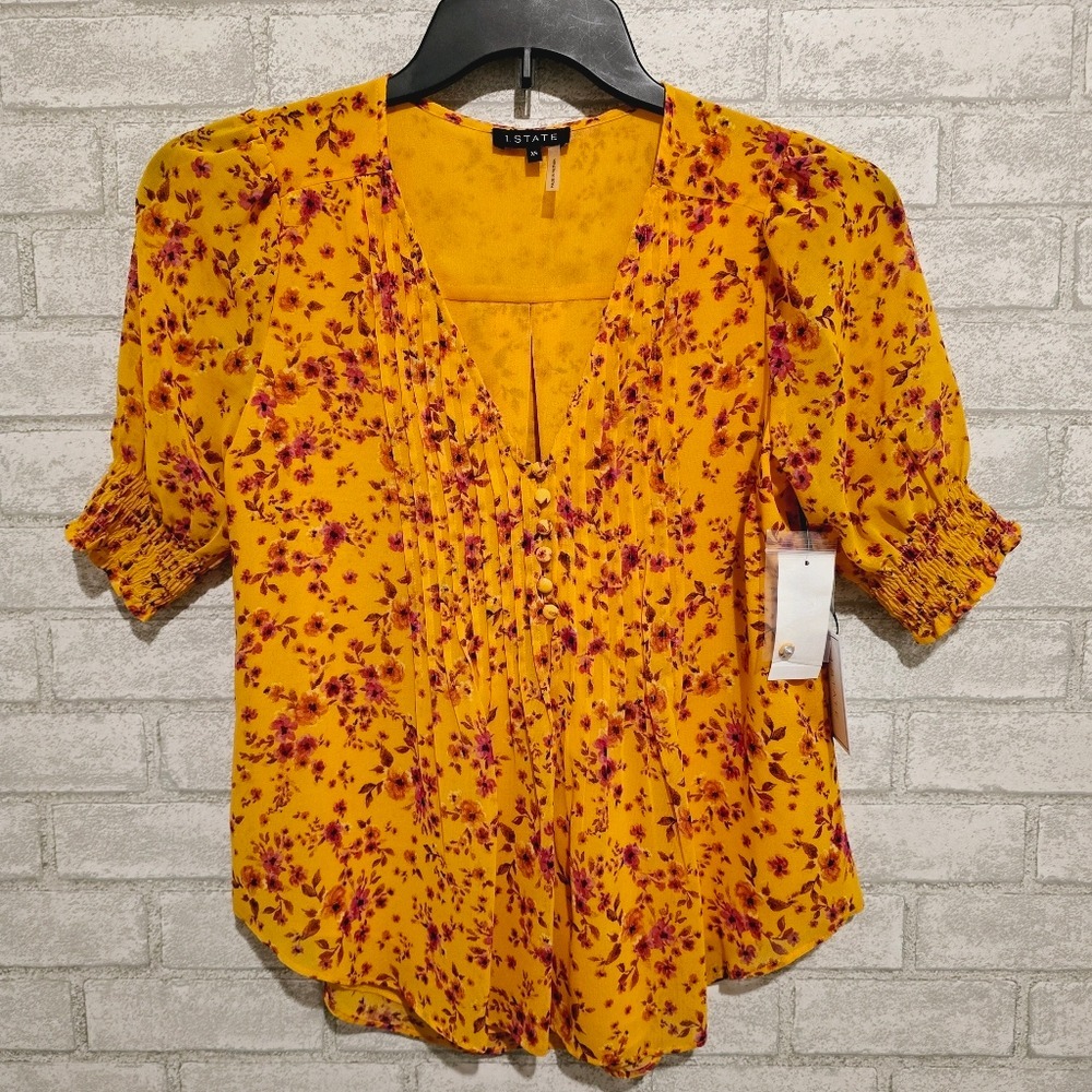 NWT 1.STATE Golden Daze Floral Pintuck V-Neck Top Yellow XS 8151024